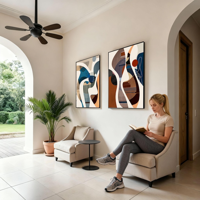 May include: Two abstract art prints with black frames hang on a white wall. A woman sits in a beige armchair, reading a book. A small black side table and a potted plant are also in the room. A ceiling fan is visible.