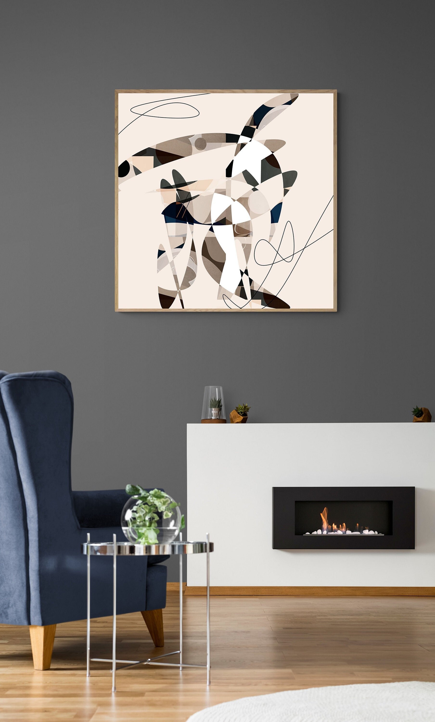 Mid Century Modern Abstract Art Print: Beige & Gray Geometric (digital ...