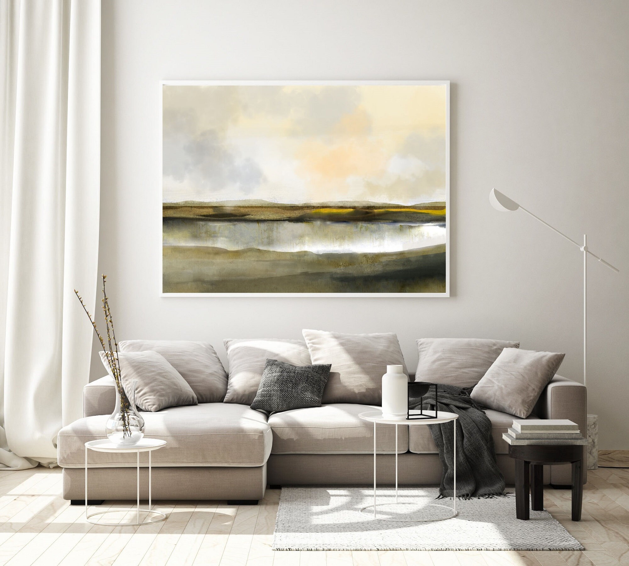 Landscape Painting Olive Green Wall Art Large Green Etsy