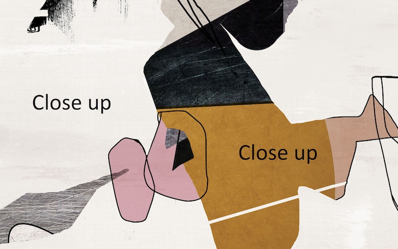 May include: Abstract art print with geometric shapes in black, white, pink, brown, and gold. The print features the text "Close up" twice.