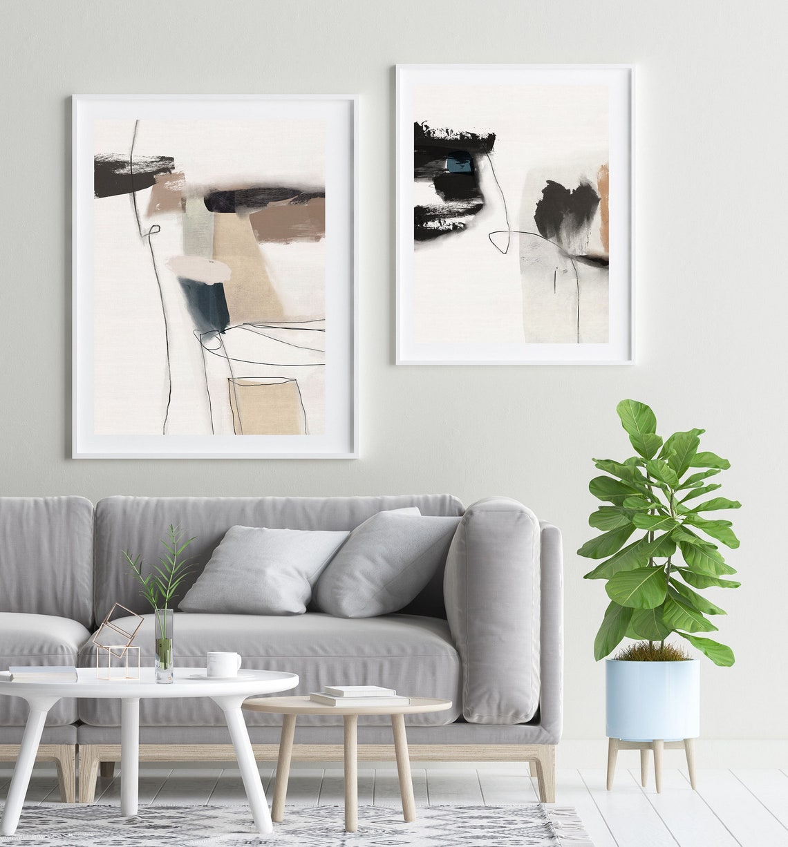 Beige Gray Abstract Gallery Wall Art Set of 2 Neutral Tones Etsy