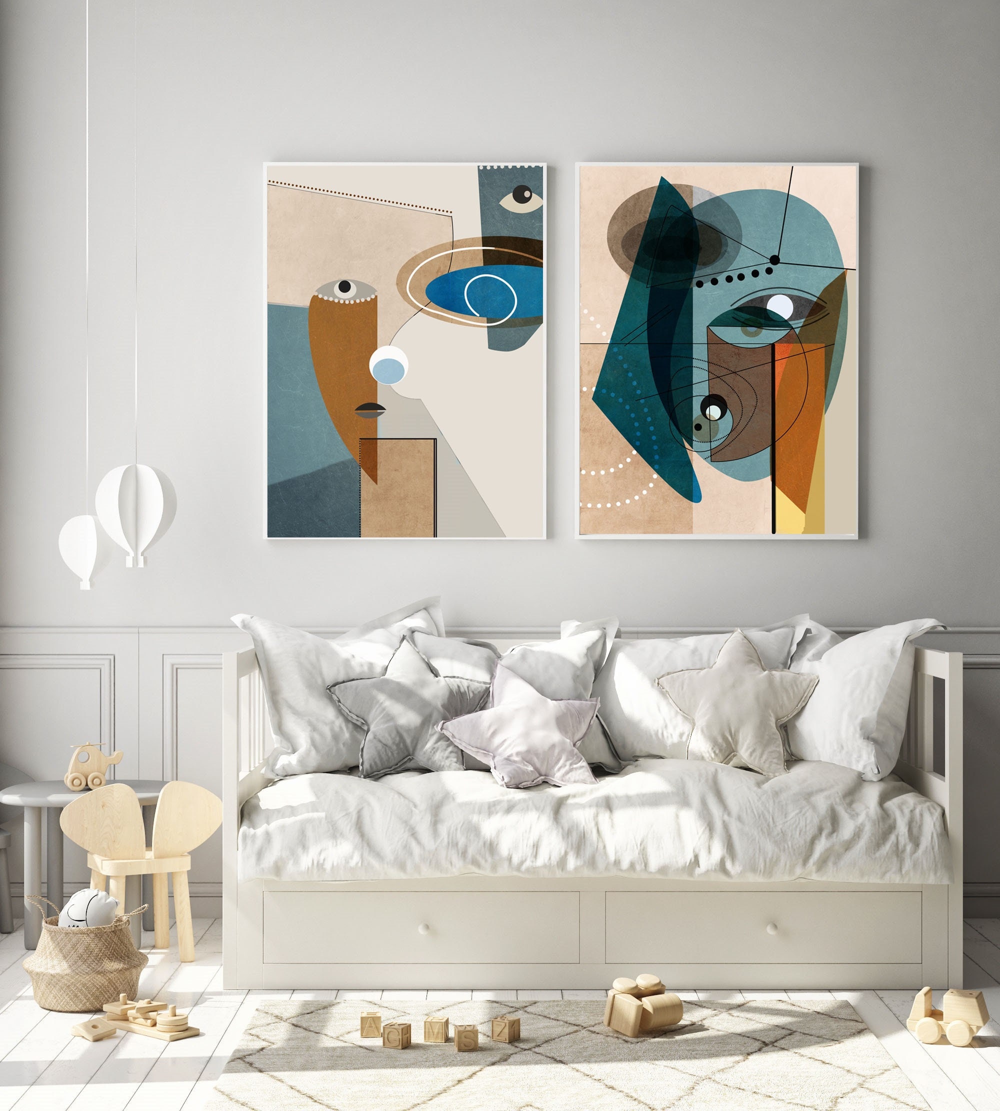 Set of 2 wall art orange and blue art set of 2 prints mid century modern art minimalist art
