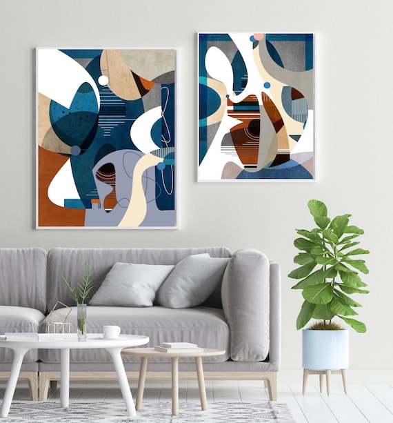 Colorful Modern Mid Century Wall Art Set of 2 Prints Abstract | Etsy