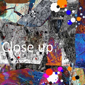 Pu&ograve; includere: Arte digitale astratta con un collage di forme, linee e punti colorati. Il testo "Close up" &egrave; visibile al centro dell'immagine.