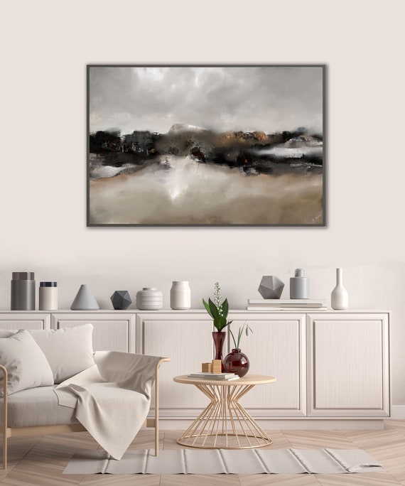 大きな抽象風景画：ベージュ＆ブラックのパノラマウォールアート