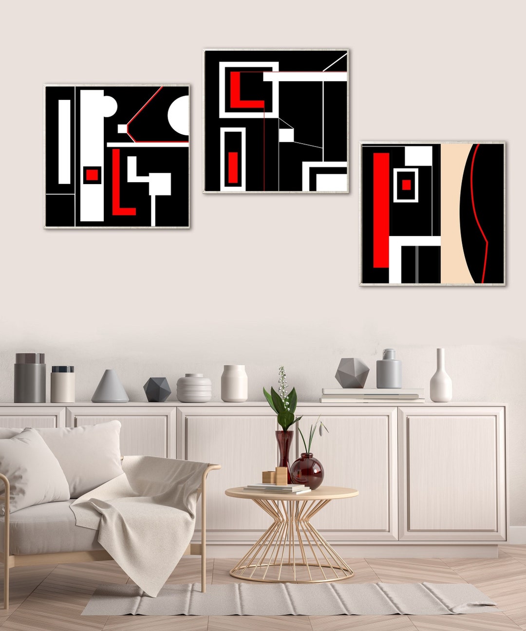 Red and Black Geometric Abstract Art Print Set (30x30) (digital ...