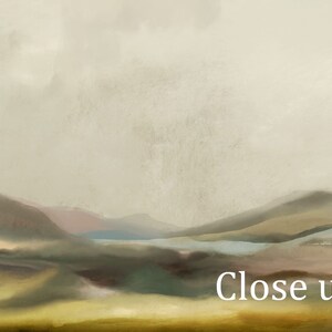 May include: A digital painting depicting a landscape with rolling hills and a hazy sky. The colours are muted and earthy, with shades of brown, green, and blue. The painting has a soft, dreamy feel.