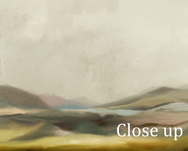 May include: A digital painting depicting a landscape with rolling hills and a hazy sky. The colours are muted and earthy, with shades of brown, green, and blue. The painting has a soft, dreamy feel.
