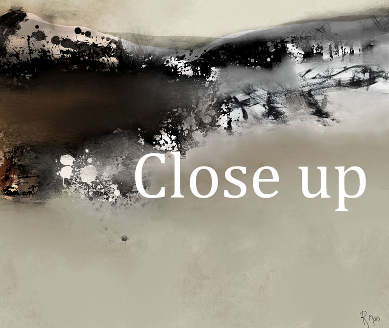 May include: Abstract painting with black, white, and gray paint splatters on a light brown background. The words "Close up" are written in white text in the center of the image.