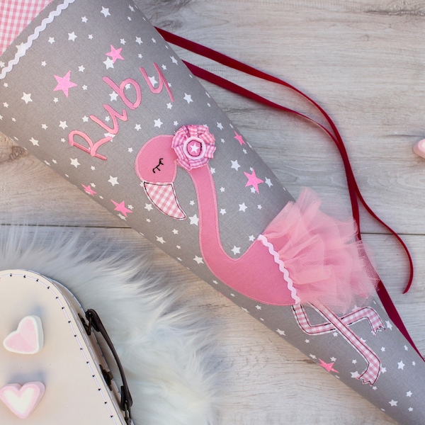 Personalized fabric school cone, flamingo cone, candy cone, back to school, first day of school cone, by Tiny Giants, handmade school cone