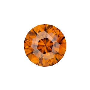 May include: A round, faceted gemstone with a hexagonal shape in the center. The gemstone is a deep orange color.