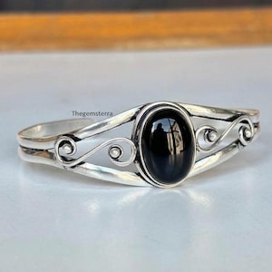 Black Onyx Cuff Bangle 925 Sterling Silver Gemstone Bracelet Handmade Boho Statement Bangle Jewelry For Women