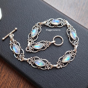Armband med regnbågsmånesten i 92 sterlingsilver, handgjort, minimalistiskt smycke med bezellänk