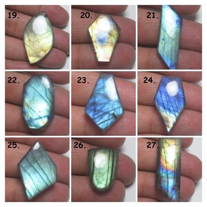 May include: Nine labradorite gemstone cabochons in various shapes and sizes, including oval, kite, and teardrop. The stones have a iridescent blue, green, and gold sheen.
