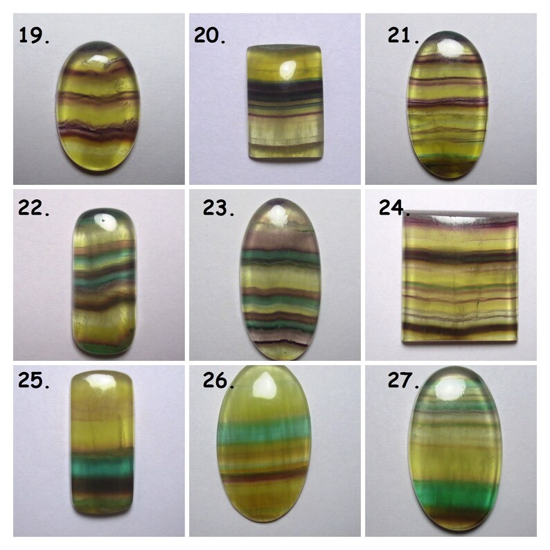 Puede incluir: Nueve piedras preciosas de fluorita talladas en cabuj&oacute;n con varios patrones de bandas de colores, incluyendo verde, amarillo, morado y marr&oacute;n. Las piedras est&aacute;n dispuestas en una cuadr&iacute;cula con los n&uacute;meros del 19 al 27.