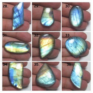 May include: Nine labradorite cabochons in various shapes and sizes, including oval, teardrop, and rectangular. The stones have a blue, green, and gold iridescent sheen.