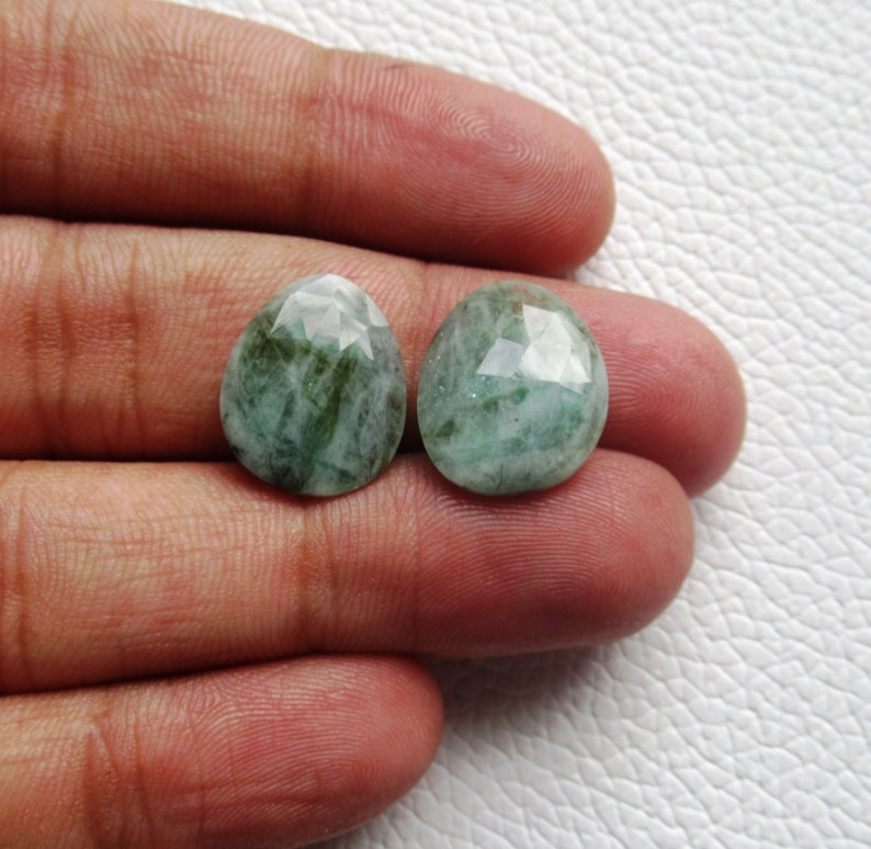 Emerald Faceted Fancy Pair 14 x 17 x 3 mm Natural Emerald Rose Cut Flat Back Gemstone Pair Jewelry Making Wire Wrapping #4819