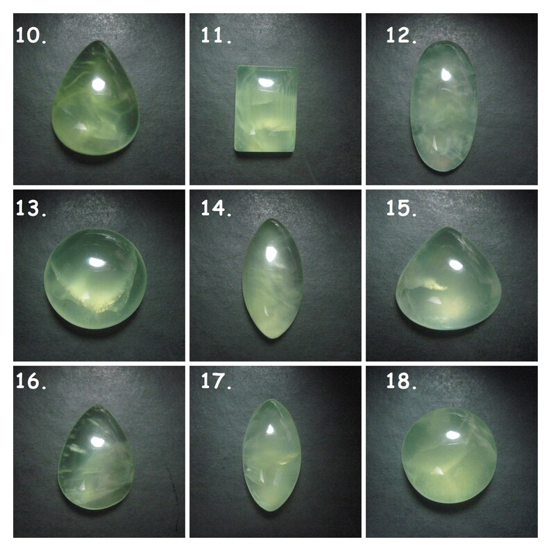 May include: Nine green gemstone cabochons in various shapes, including oval, round, teardrop, and square, displayed on a black background. The gemstones are translucent and have a light green colour.