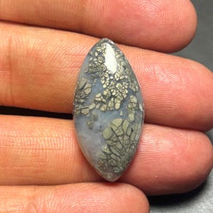 May include: A teardrop-shaped cabochon gemstone with a gray and silver dendritic agate pattern.