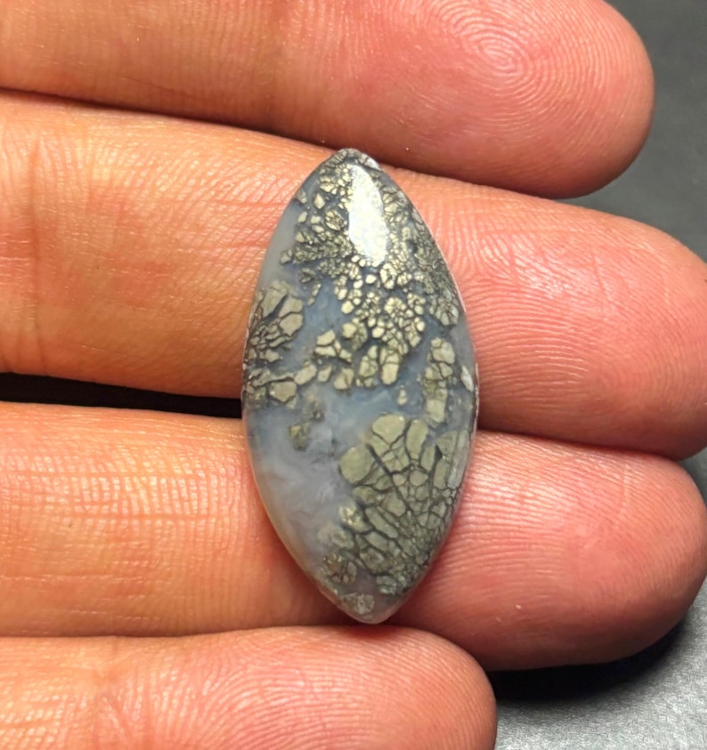 May include: A teardrop-shaped cabochon gemstone with a gray and silver dendritic agate pattern.