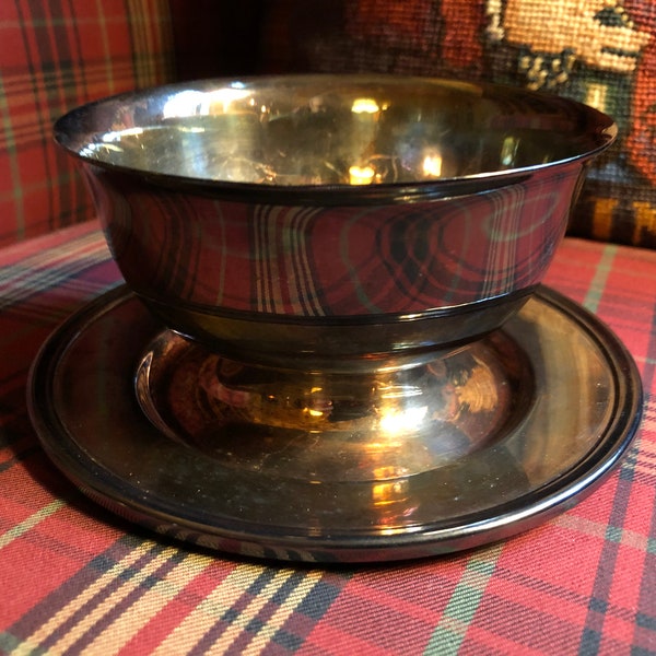 Vintage Gorham Unpolished Silverplate Sauce Bowl w Attached Saucer. Gorham Silver Plate Mayonnaise or Sauce Bowl w Attached Saucer.