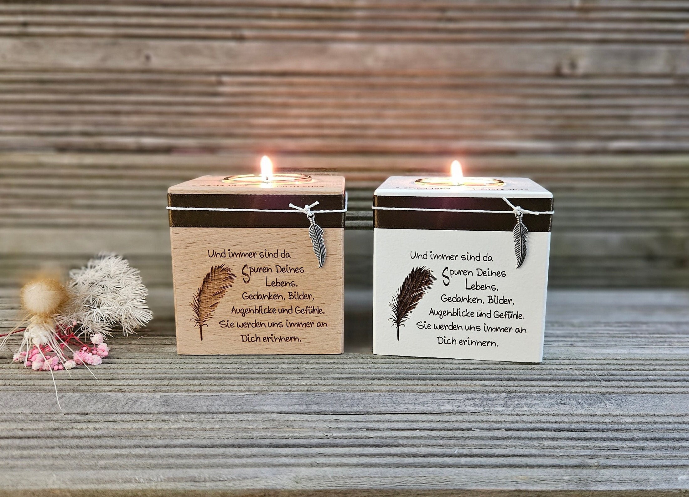 Tealight holder, candle cube mourning - remembrance, wooden cube, feather
