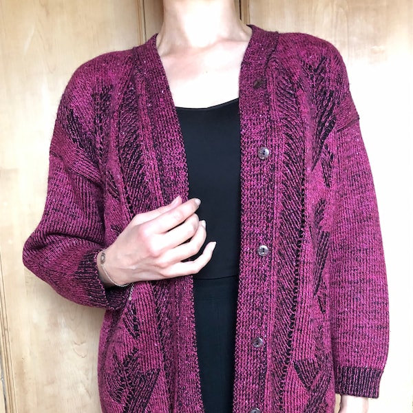 Cardigan trendy rose et noir, Vintage années 1980, T40-42 taille M, rose mode automne hiver 2020-2021