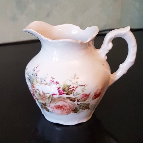 Beautiful vintage creamer, small milk jug, France 1920s, white porcelain with flowers print, romantic style, 1900s style, elegant pretty jug