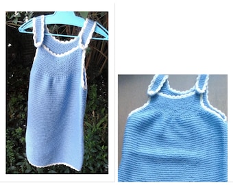 Vintage hand knitted dress, blue and white, sleeveless, for a 6 month old baby, pure wool, 80s, baby girl, baby shower