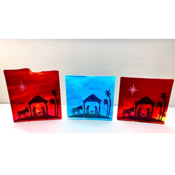 Nativity fused glass tea light candle holder,