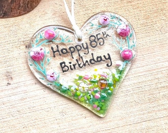 85th Birthday glass heart keepsake