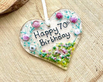 70th Birthday fused glass heart keepsake,