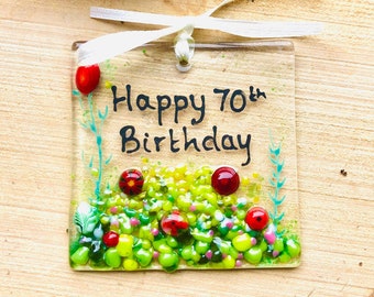 70th Birthday fused glass square keepsake decoration,