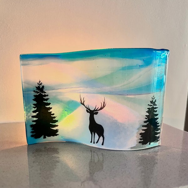 Stag silhouette free standing wave, deer in a forest fused glass