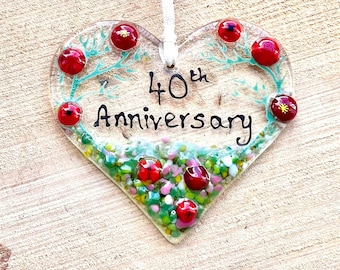 40th Anniversary fused glass heart keepsake, Ruby wedding,