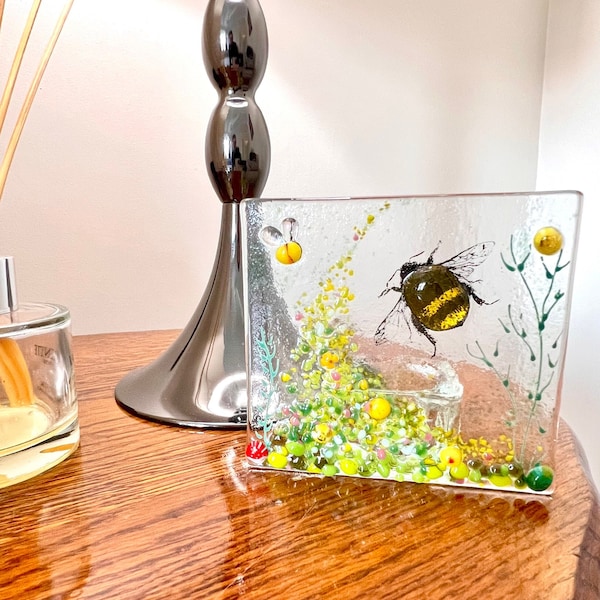 Bumblebee glass tea light candle holder with murrine glass flowers,