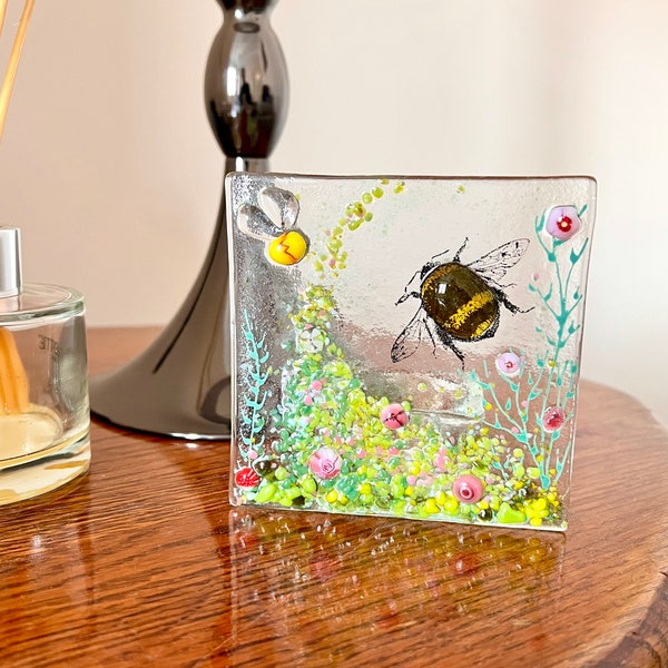 Bumblebee fused glass tea light candle holder with pink murrine glass flowers, mum, grandma gift,  birthday, Christmas, wedding gift