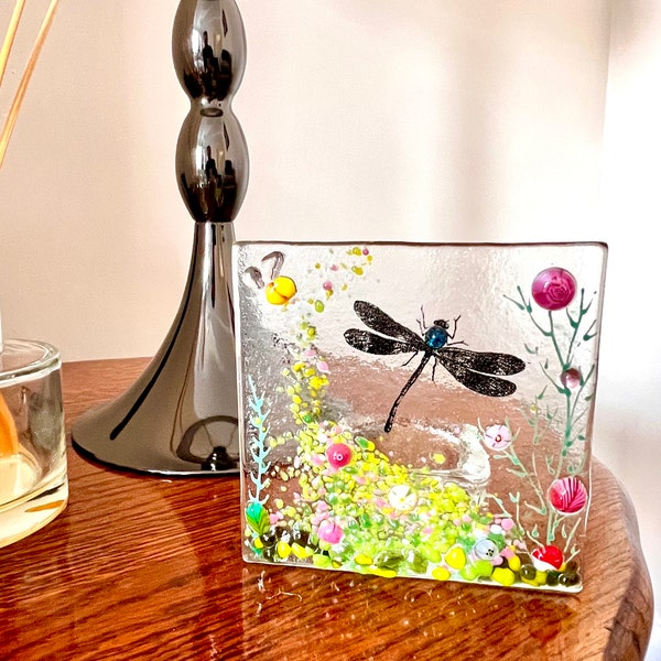 Dragon fly fused glass tea light candle holder,