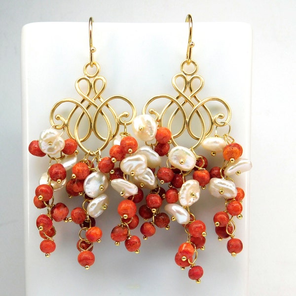 Fantastic real coral chandelier earrings...finest coral beads and real Keshi pearls ear hooks 925 silver/gold plated