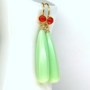 Verwisselbare oorbellen, lange citroenchrysopraas, koraal oorhaakjes, 925 sterling zilver, verguld