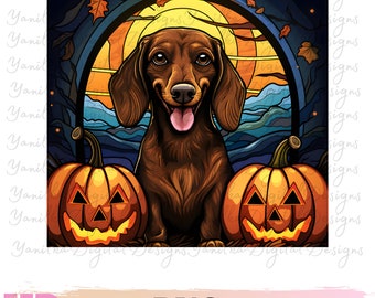 May include: A digital illustration of a brown dachshund dog with a smiling face, positioned between two carved orange jack-o'-lanterns. The background features a full moon, dark blue sky, and autumn leaves. The word "PNG" is at the bottom.