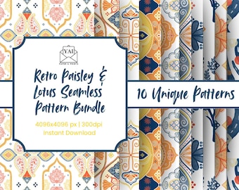 Retro Floral Seamless Patterns: Lotus Paisley Digital Print Bundle (Digital Download