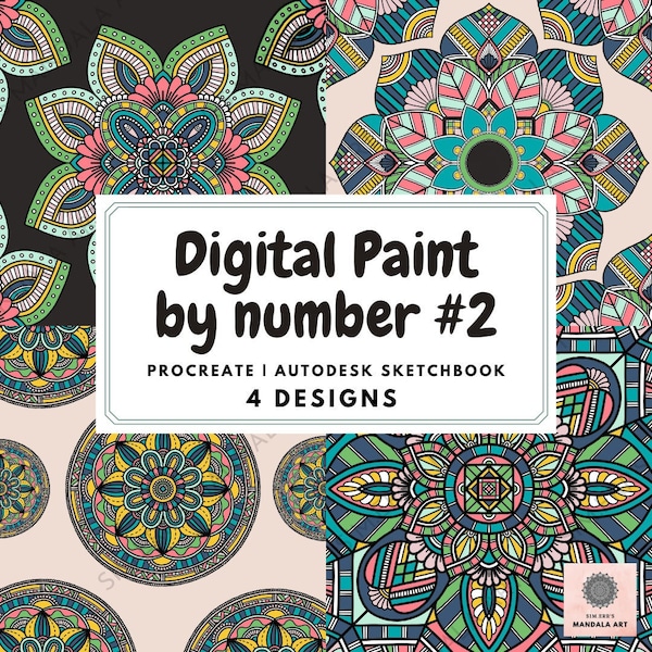 Digital Paint By Number Mandala Patterns kit for Procreate and Auto Desk Sketchbook | 4 Designs | PNG + PDF | 16 item digital download