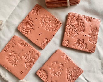 Embossed Coasters Set of 4 | Handmade Textured Clay Drink Coasters | Terracotta Boho Home Decor