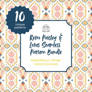 10 Retro Floral Seamless Patterns | Lotus and Paisley Digital Print Bundle for Scrapbooking, Wallpaper & Textile Design