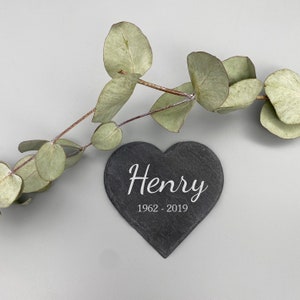 Slate heart including engraving as a memorial stone personalized with name as grave decoration