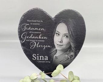 Slate heart including engraving as a memorial stone personalized with a photo and desired text as a grave decoration