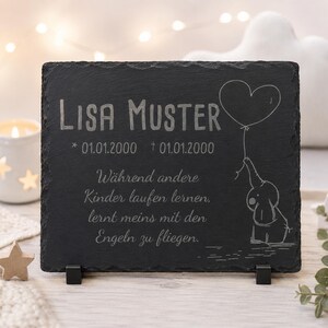 Andenken an Sternenkinder – Schiefertafel mit Namen, Datum und süßen Motiven – Erinnerung für Zuhause oder Garten | Gedenkstein