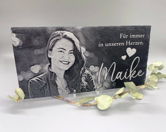 30 x 15 cm Schiefertafel inkl. Gravur als Gedenkstein personalisiert mit Foto und Wunschtext als Grabschmuck