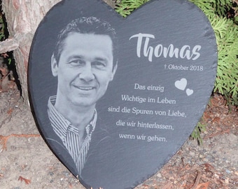 Memorial plaque in slate heart – personalized with photo & custom text – heart-shaped bereavement gift – weatherproof – handmade